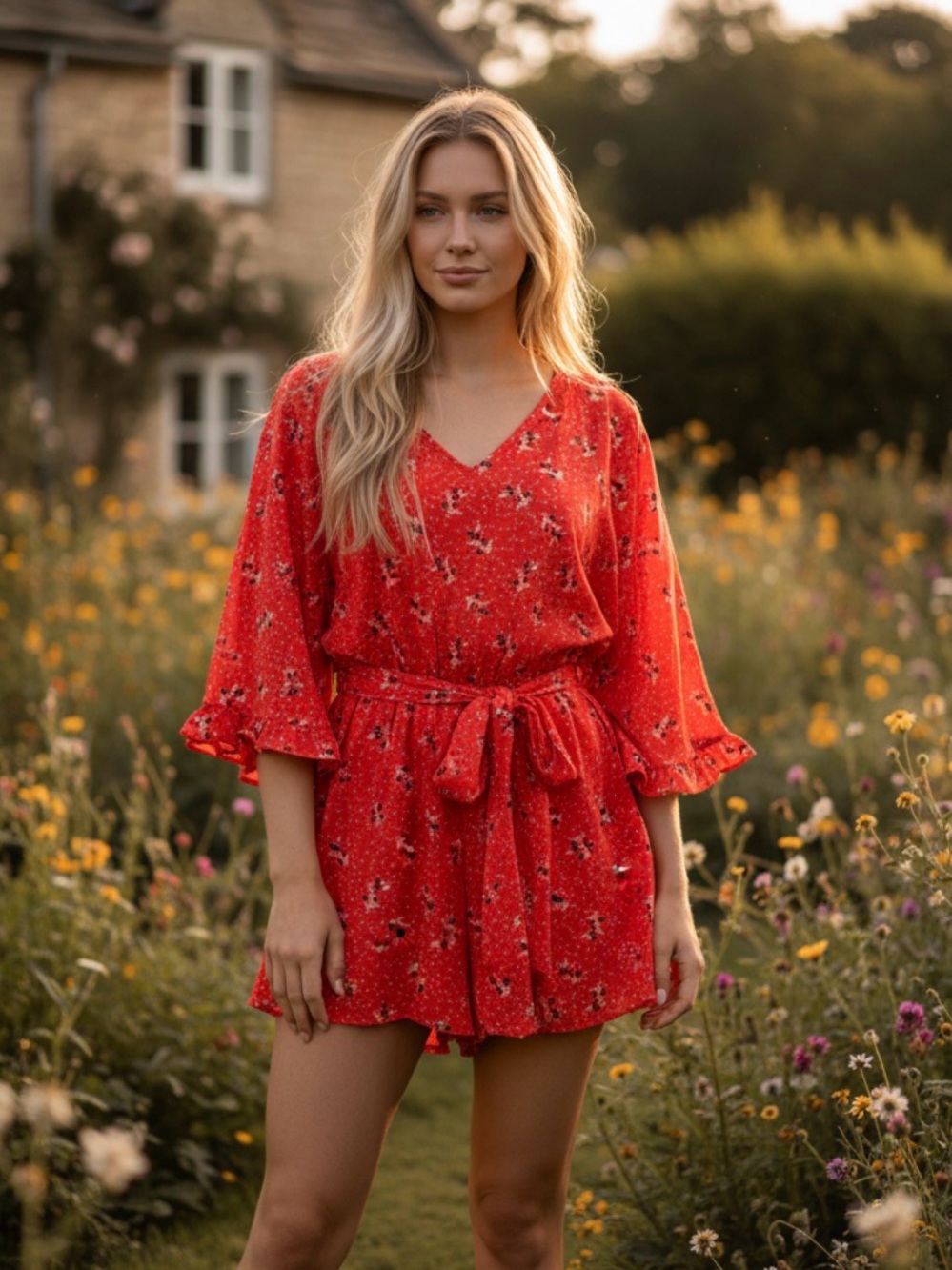 BB Dakota Red Floral Short Romper with Tie Detail